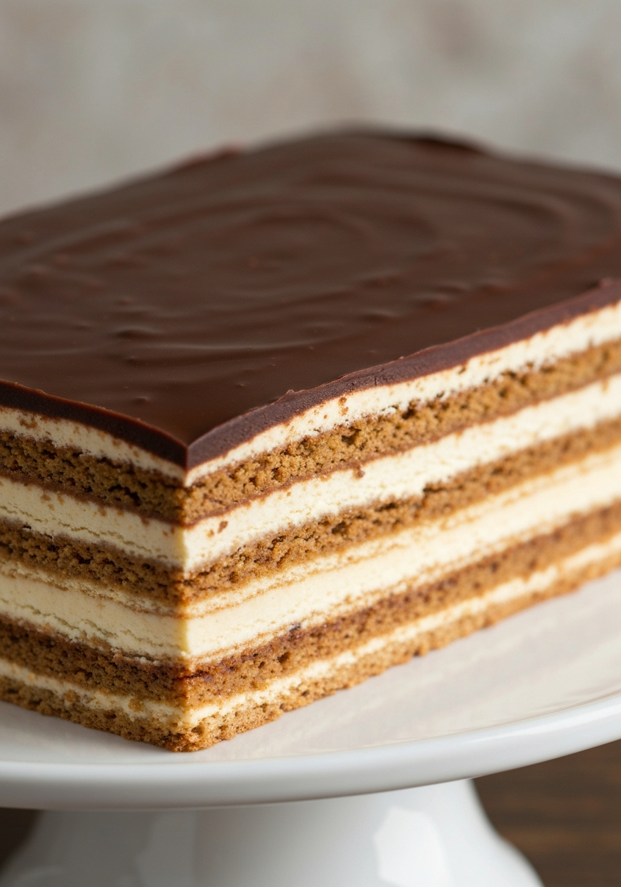 Opera Cake with coffee and almond layers