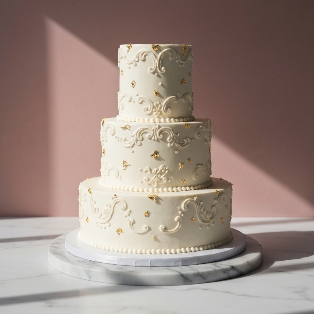 Three-tier wedding cake with gold leaf details
