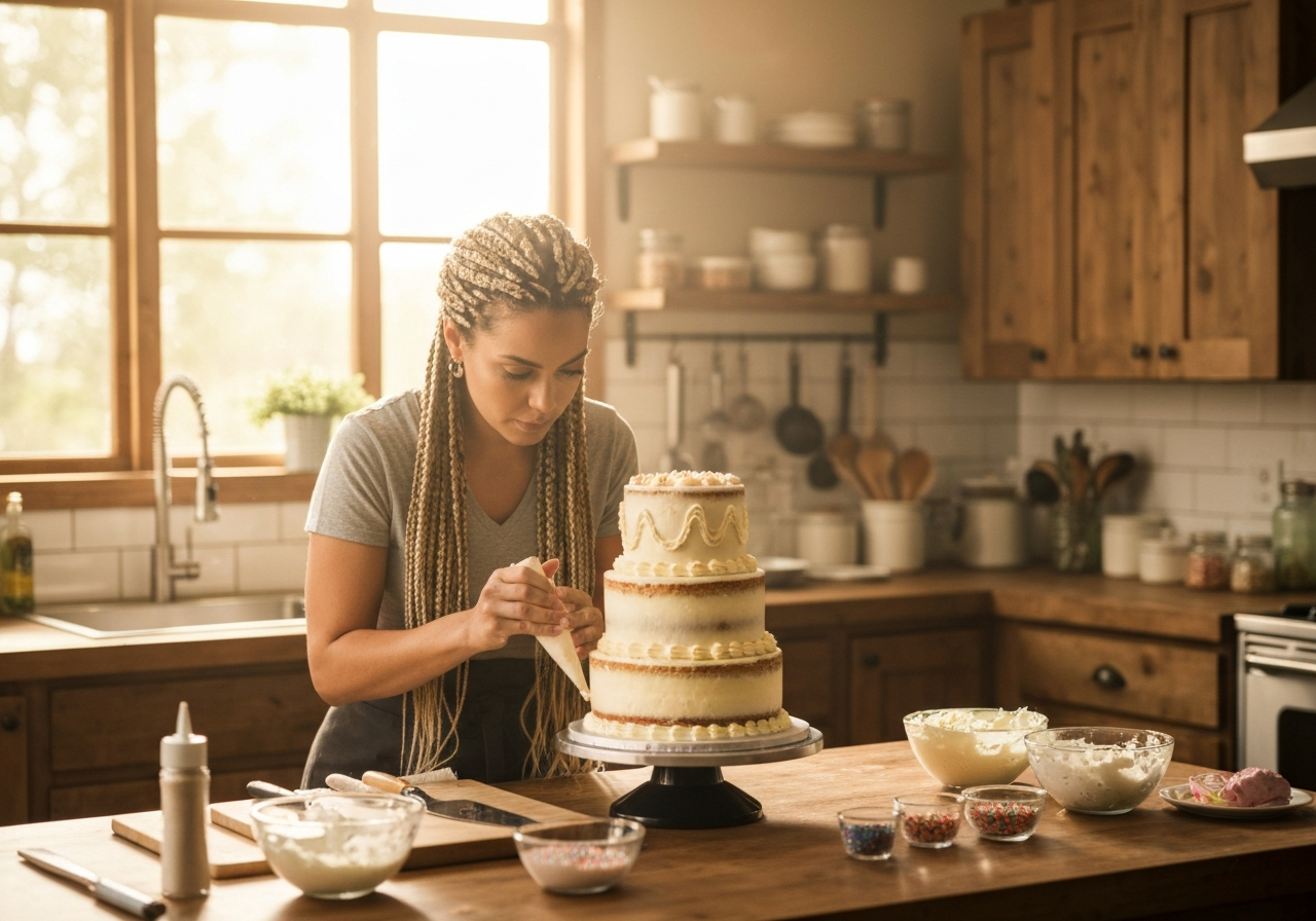Nasreen decorating a custom cake in the Nassu Licious studio